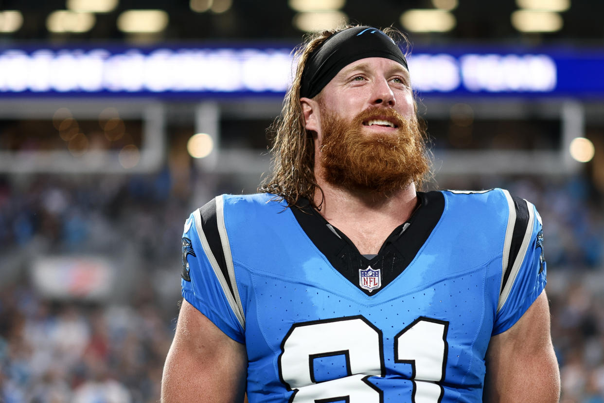 CHARLOTTE, NC - AUGUST 25: Hayden Hurst #81 of the Carolina Panthers smiles on the sidelines prior to an NFL preseason football game against the Detroit Lions at Bank of America Stadium on August 25, 2023 in Charlotte, North Carolina. (Photo by Kevin Sabitus/Getty Images)