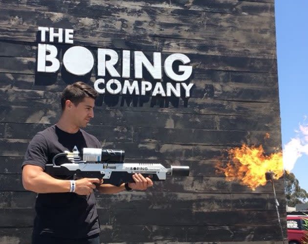 The Boring Company’s $500 flamethrower gets a demonstration. Billionaire Elon Musk says the device should be called “not a flamethrower” to stay on the regulatory safe side. (Elon Musk via Twitter)