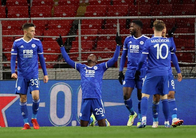 Patson Daka, centre, celebrates his hat-trick 