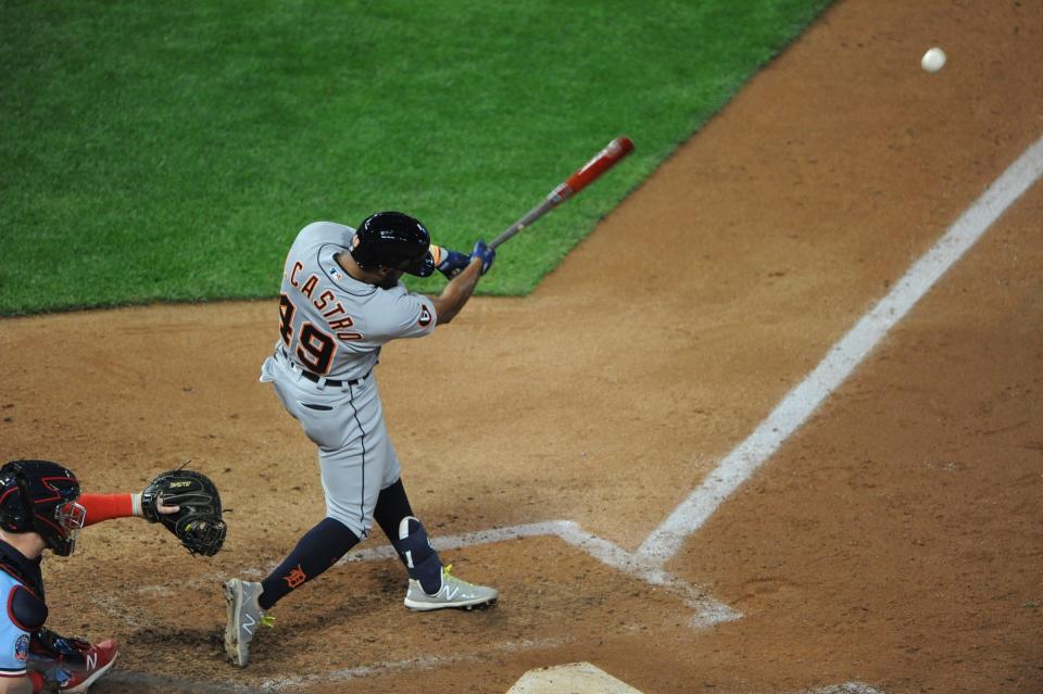 Detroit Tigers shortstop Willi Castro (49) hits a double during the ninth inning against the Minnesota Twins on Sept. 24, 2020, at Target Field.