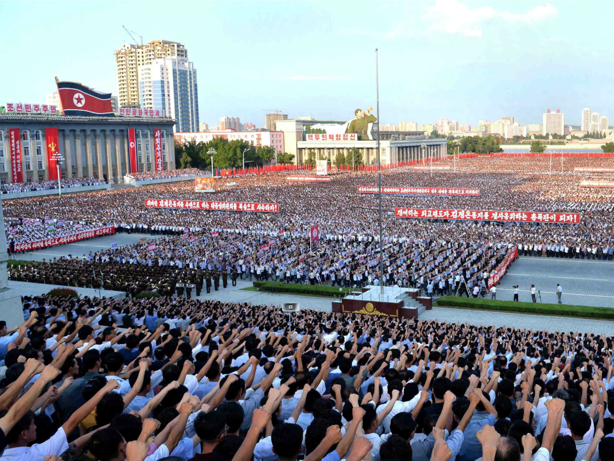 North Koreans rally en masse in Pyongyang on August 9, 2017: DPRK handout/Reuters