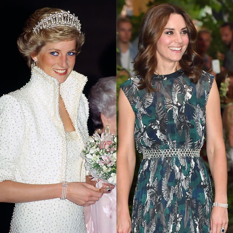 <p>This<a href="https://www.goodhousekeeping.com/life/news/a45672/princess-dianas-jewelry-kate-middleton-wears/" rel="nofollow noopener" target="_blank" data-ylk="slk:pearl bracelet frequently worn;elm:context_link;itc:0;sec:content-canvas" class="link "> pearl bracelet frequently worn</a> by Princess Diana was designed by Nigel Milne in 1988. Kate debuted the bracelet during a royal tour in Germany back in 2017. </p>