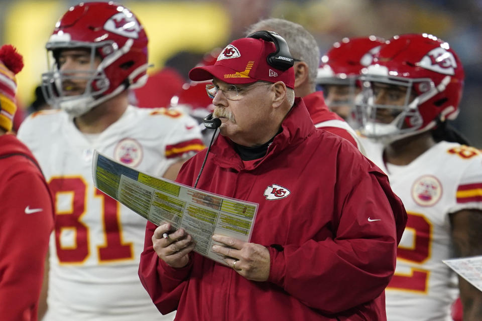 Kansas City Chiefs head coach Andy Reid looks on during the second half of an NFL football game against the Los Angeles Chargers, Thursday, Dec. 16, 2021, in Inglewood, Calif. (AP Photo/Marcio Jose Sanchez)