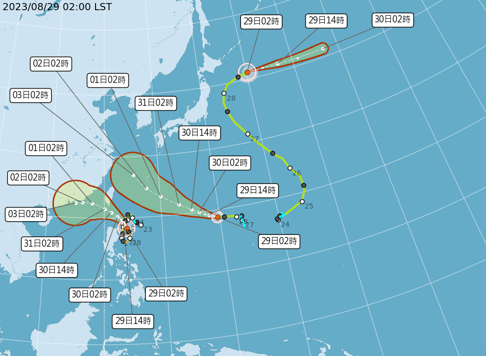 中央氣象局公布颱風路徑圖，左至右為颱風蘇拉、海葵、丹瑞。（翻攝自中央氣象局官網）