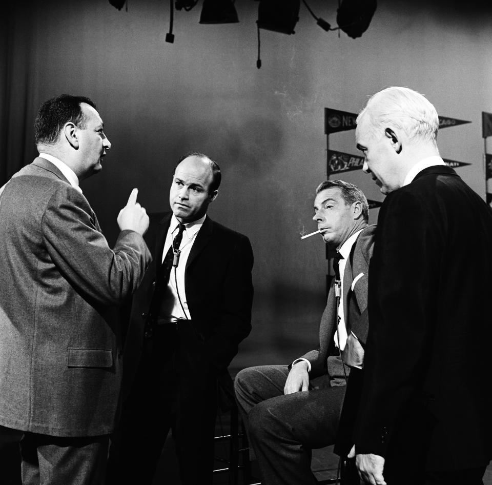 NBC SPORTS -- "Joe DiMaggio Interview" -- Pictured: (l-r center) NBC Sports' Joe Garagiola, Baseball Hall of Famer Joe DiMaggio during an interview on April 4, 1963 -- Photo by: Bob Manker/NBC/NBCU Photo Bank