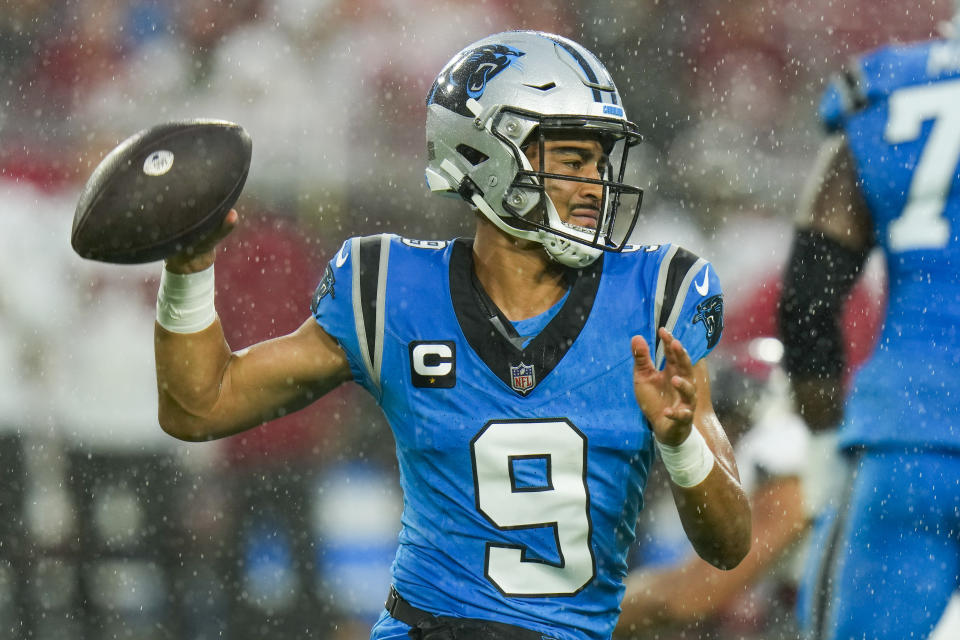 Carolina Panthers quarterback Bryce Young passes Tampa Bay Buccaneers during the first half of an NFL football game Sunday, Dec. 3, 2023, in Tampa, Fla. (AP Photo/Chris O'Meara)