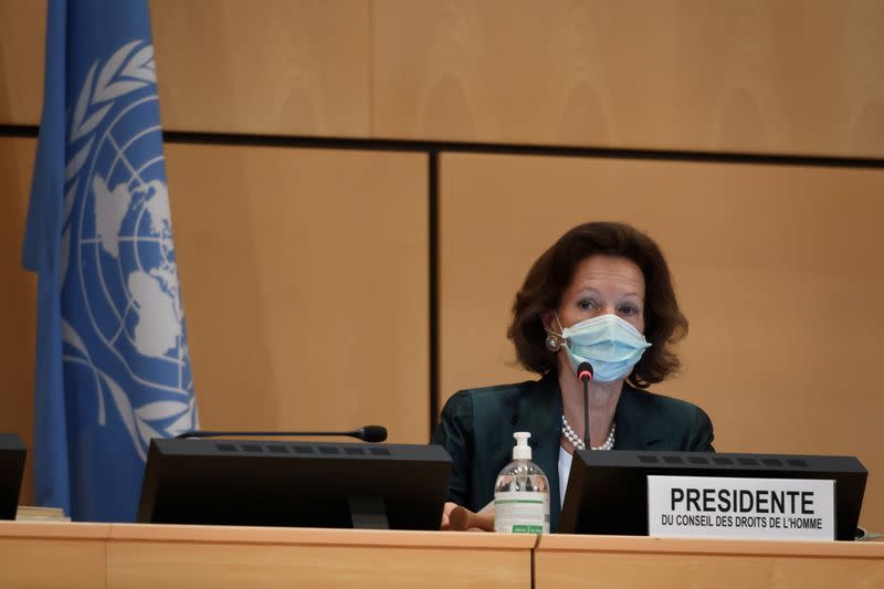 President of the Human Rights Council Tichy-Fisslberger attends the resuming of a UN Human Rights Council session in Geneva