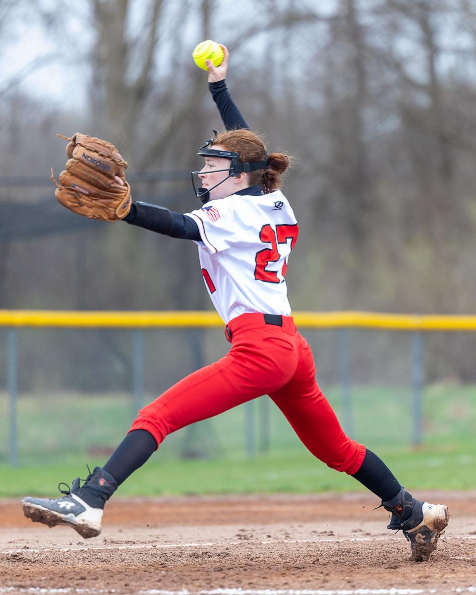 Pinckney's Sydney Pease threw a six-inning perfect game, striking out 14 of 18 batters, in a 10-0 victory over Stockbridge.