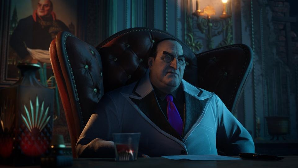 The Penguin sits in a giant, leather chair with a huge painted portrait of himself in the background in the upcoming video game Gotham Knights.