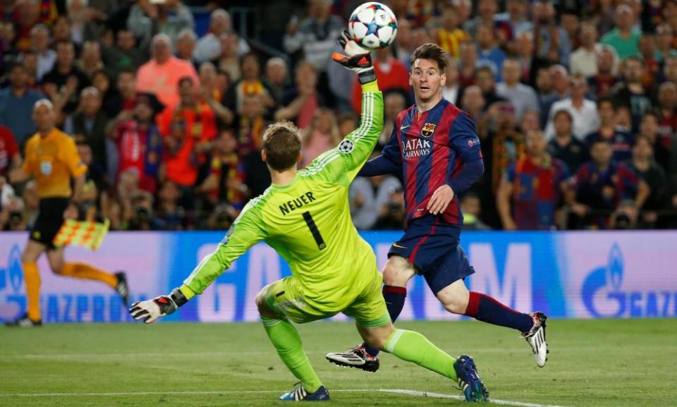 Lionel Messi scores as Barcelona see off Guardiola’s Bayern Munich in 2015.