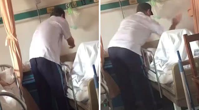 The video has shamed a man for appearing to repeatedly hit his 86-year-old father as he lay in a hospital bed. Pictures: Weibo