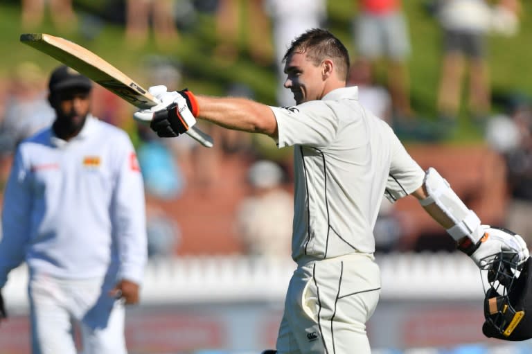 New Zealand's Tom Latham celebrates his century late on day two of the first Test against Sri Lanka