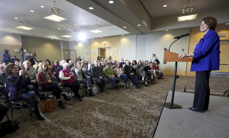 Democratic presidential candidate U.S. Sen. Amy Klobuchar, D-MN., speaks during an event at Grand River Center in Dubuque, Iowa, on Saturday, Dec. 7, 2019. (Jessica Reilly/Telegraph Herald via AP)