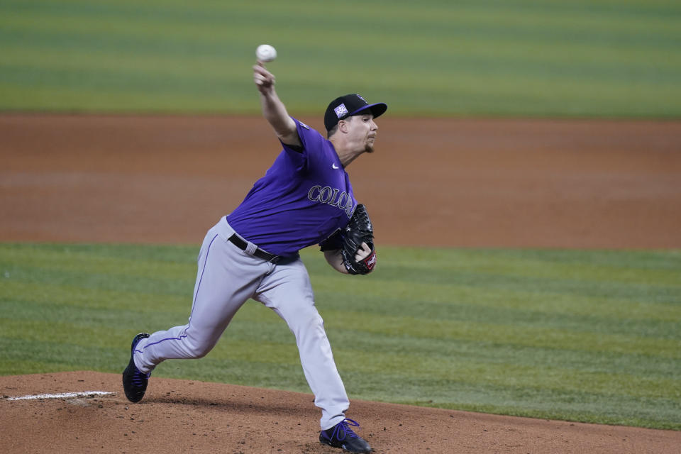 Colorado Rockies' Chi Chi Gonzalez delivers a pitch during the first inning of a baseball game against the Miami Marlins, Thursday, June 10, 2021, in Miami. (AP Photo/Wilfredo Lee)