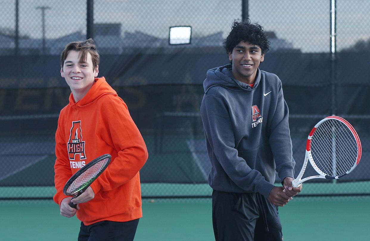 Anson Bernard (left) and Tharun Raju are off to a 3-0 start as the No. 1 doubles team for the Ames boys tennis team.