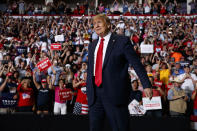 President Donald Trump arrives to speak at a campaign rally at the Santa Ana Star Center, Monday, Sept. 16, 2019, in Rio Rancho, N.M. (AP Photo/Evan Vucci)