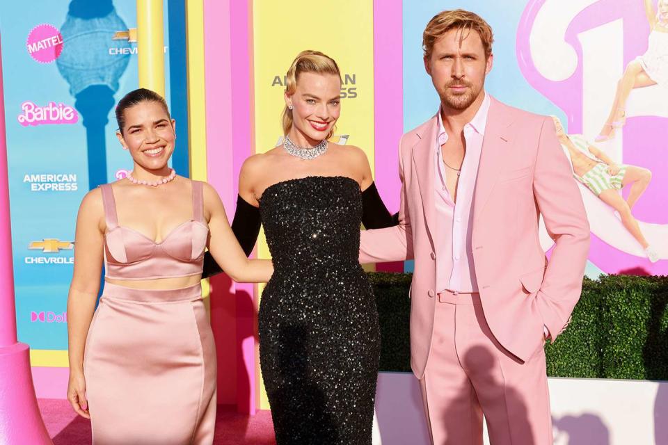 <p>Matt Winkelmeyer/GA/The Hollywood Reporter via Getty Images</p> America Ferrera, Margot Robbie and Ryan Gosling on July 9, 2023.