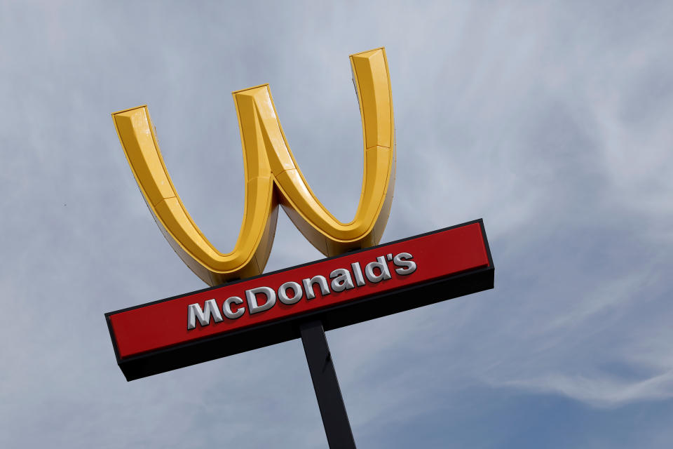 <p>McDonald’s iconic logo is turned upside-down in honor of International Women’s Day in Lynwood, Calif., March 8, 2018. (Photo: Mike Blake/Reuters) </p>