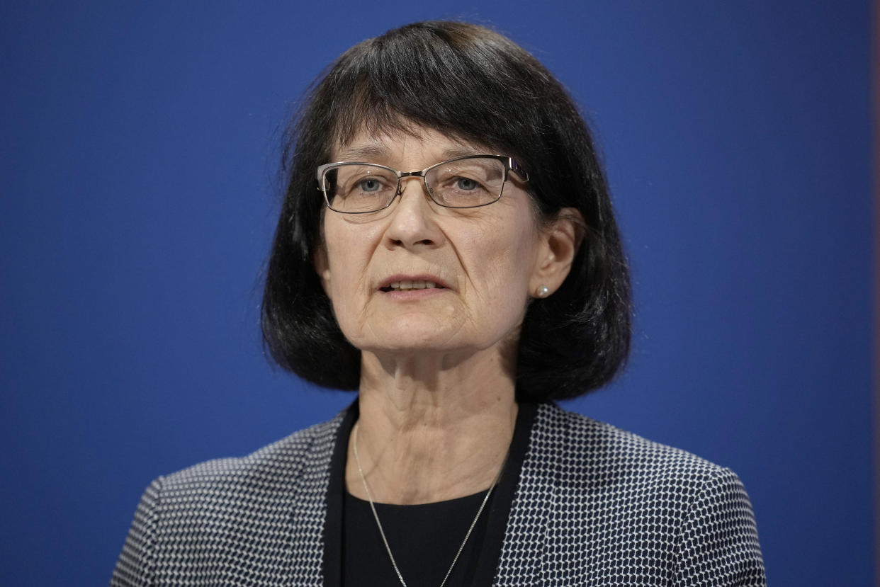 LONDON, ENGLAND - MAY 27: Jenny Harries, chief executive of the UK Health Security Agency gives an update on the coronavirus Covid-19 pandemic during a virtual press conference inside the Downing Street Briefing Room on May 27, 2021 in London, England. (Photo by Matt Dunham - WPA Pool/Getty Images)