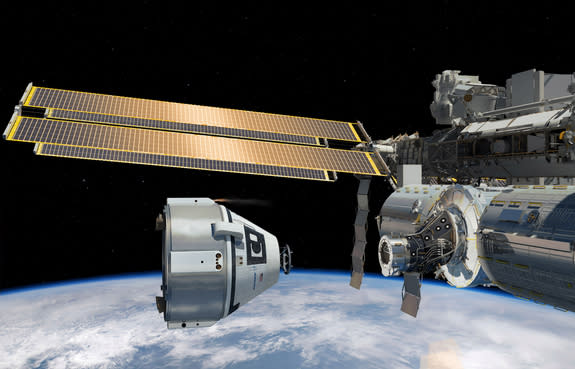 Artist's concept of Boeing's CST-100 spacecraft near the International Space Station.