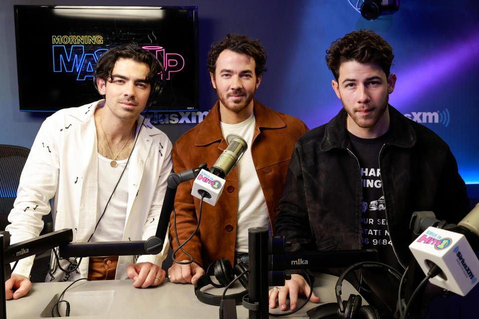 NEW YORK, NEW YORK - APRIL 07: Joe Jonas, Kevin Jonas and Nick Jonas of The Jonas Brothers visits SiriusXM Studios on April 07, 2023 in New York City. (Photo by Jason Mendez/Getty Images)