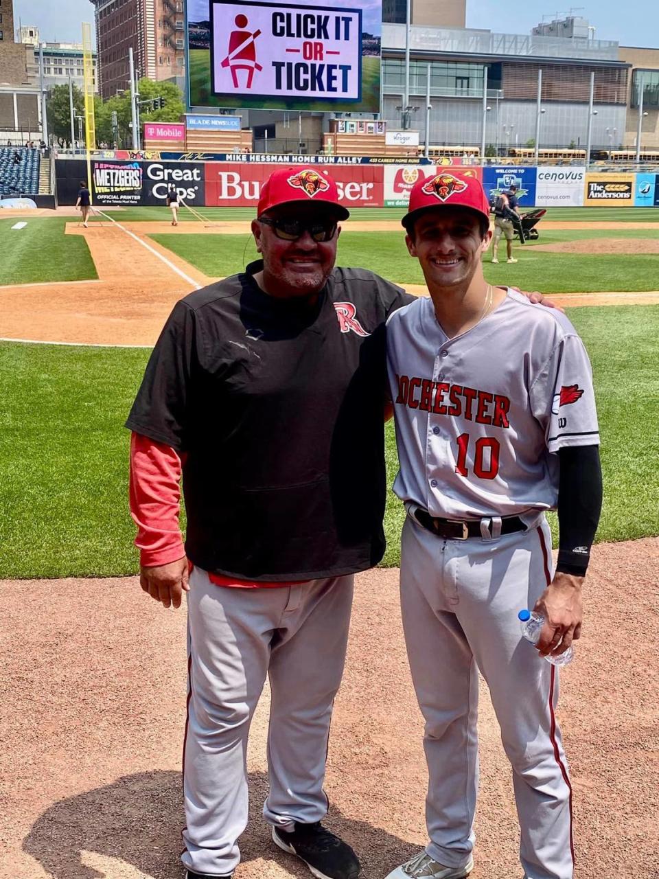 Belleville East graduate Drew Millas, right, was recently called up to the Rochester Red Wings, the Triple-A affiliate of the <a class="link " href="https://sports.yahoo.com/mlb/teams/washington/" data-i13n="sec:content-canvas;subsec:anchor_text;elm:context_link" data-ylk="slk:Washington Nationals;sec:content-canvas;subsec:anchor_text;elm:context_link;itc:0">Washington Nationals</a>. His hitting coach for the Red Wings is Belleville West graduate and former Boston Red Sox star Brian Daubach, left. Provided