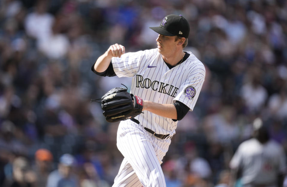 Colorado Rockies relief pitcher Nick Mears works against the Minnesota Twins in the sixth inning of a baseball game Sunday, Oct. 1, 2023, in Denver. (AP Photo/David Zalubowski)
