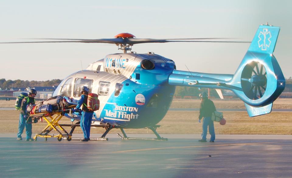 An injured construction worker was flown on Thursday to Tufts Medical Center in Boston after a fall from scaffolding at 1439 Main St. in Brewster, according to a Brewster fire official.