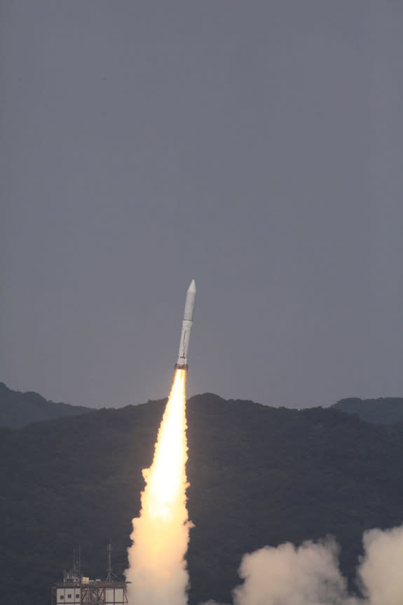 Japan's brand-new Epsilon rocket launches on its debut mission from Uchinoura Space Center on Sept. 14, 2013 carrying the SPRINT-A (Hisaki) space telescope, a Japan Aerospace Exploration Agency satellite designed to study the planets of the sol