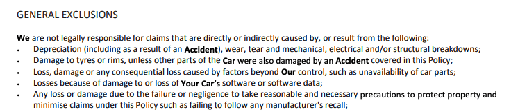 This image shows a screenshot of FWD's car insurance policy document that states that an accident caused by willful negligence will not be covered