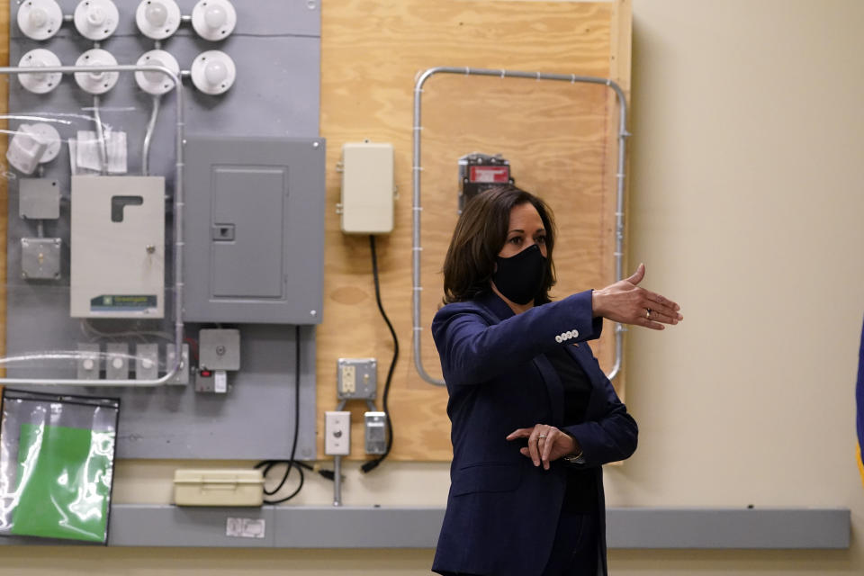 Democratic vice presidential candidate Sen. Kamala Harris, D-Calif., talks during a tour of the IBEW 494 training facility Monday, Sept. 7, 2020, in Milwaukee. (AP Photo/Morry Gash)