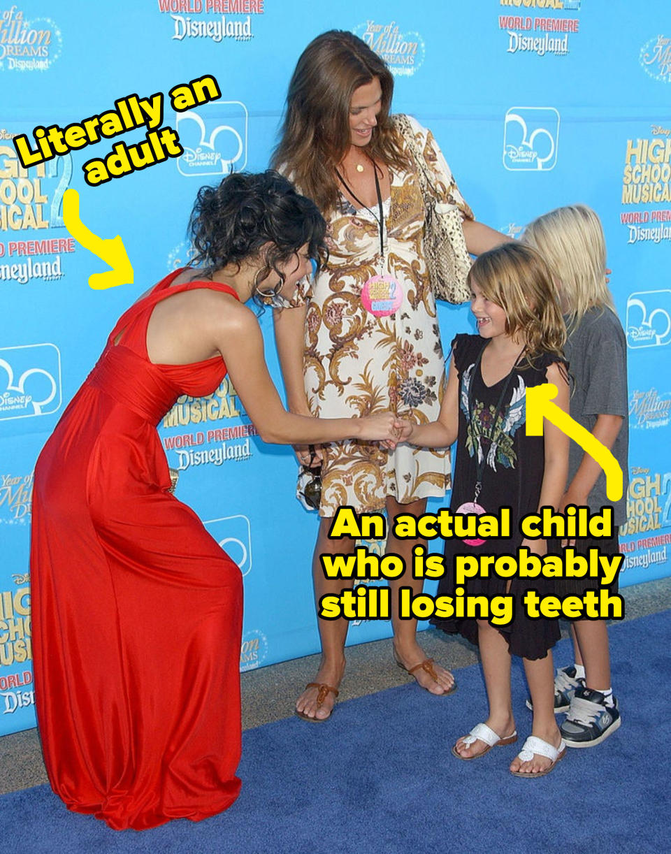 The same photo of them with captions for Vanessa — "Literally an adult" — and Kaia: "An actual child who is probably still losing teeth"