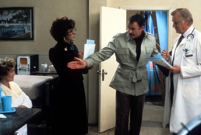 <p>Columbia Pictures/Getty</p> Jessica Lange, Dustin Hoffman, Dabney Coleman and George Gaynes in 'Tootsie'
