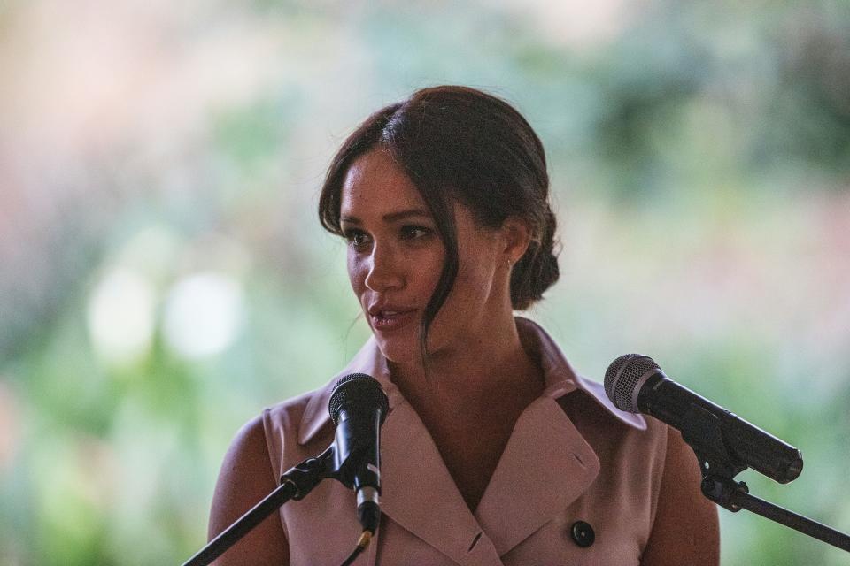 Meghan, the Duchess of Sussex delivers a speech at the British High Commissioner residency where she  will meet with Graca Machel, widow of former South African president Nelson Mandela, in Johannesburg, on October 2, 2019. - Prince Harry recalled the hounding of his late mother Diana to denounce media treatment of his wife Meghan Markle, as the couple launched legal action against a British tabloid for invasion of privacy. (Photo by Michele Spatari / AFP) (Photo by MICHELE SPATARI/AFP via Getty Images)