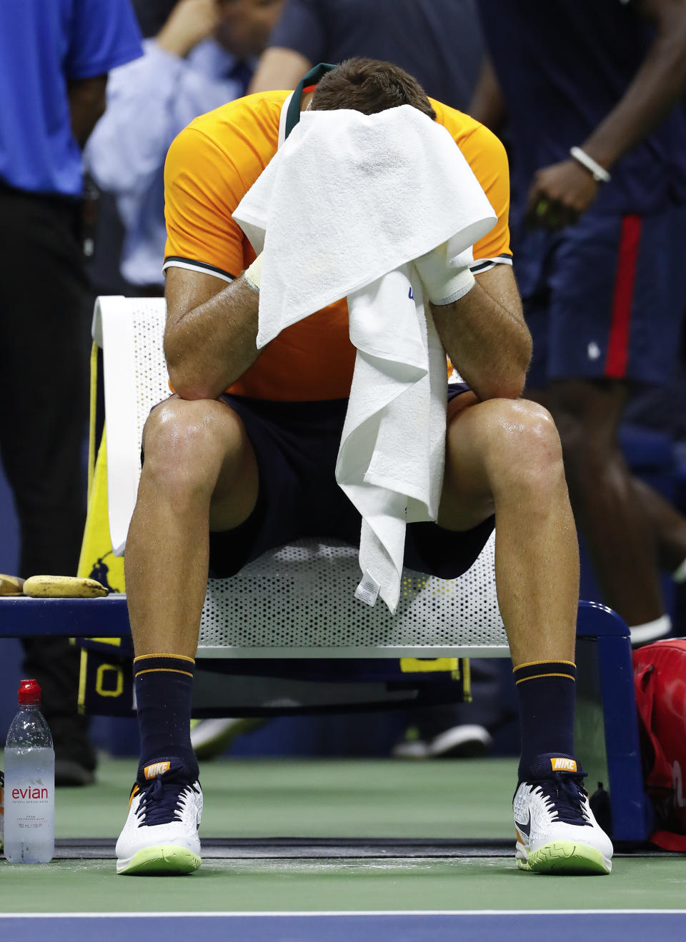 Juan Martin del Potro, of Argentina, reacts after being defeating by Novak Djokovic, of Serbia, in the men's final of the U.S. Open tennis tournament, Sunday, Sept. 9, 2018, in New York. (AP Photo/Adam Hunger)