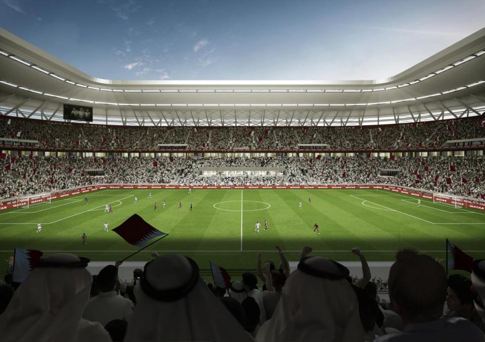 In this undated computer-generated artists impression provided by 2022 Supreme Committee for Delivery and Legacy, the Ras Abu Aboud stadium, a Qatar 2022 World Cup venue to be built in Doha, Qatar. (2022 Supreme Committee for Delivery and Legacy via Getty Images)