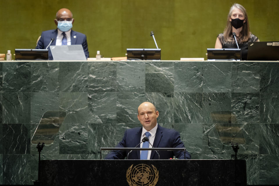 Israel's prime minister Naftali Bennett addresses the 76th Session of the United Nations General Assembly, Monday, Sept. 27, 2021, at U.N. headquarters. (AP Photo/John Minchillo, Pool)