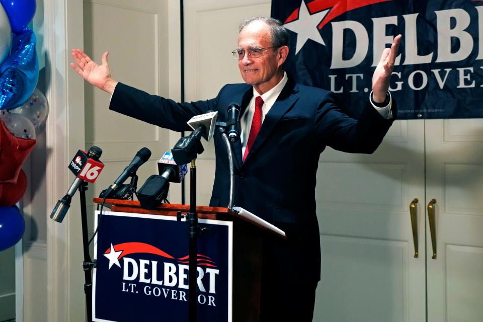 Mississippi Republican Lt. Gov. Delbert Hosemann raises his arms in victory as he addresses supporters in Jackson after winning the party primary Tuesday evening. Hosemann defeated two challengers in his reelection bid for the party nomination.