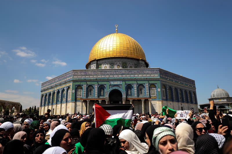 Palestinians gather on the fourth Friday of the holy month of Ramadan on Al-Aqsa compound, also known to Jews as Temple Mount, in Jerusalem's Old City