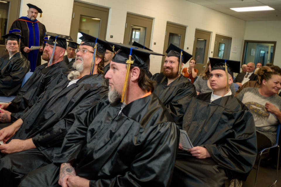  Salt Lake Community College Prison Education Program graduates listen to speakers during their commencement ceremony at the Utah State Correctional Facility on May 13, 2024. (Courtesy/Salt Lake Community College)