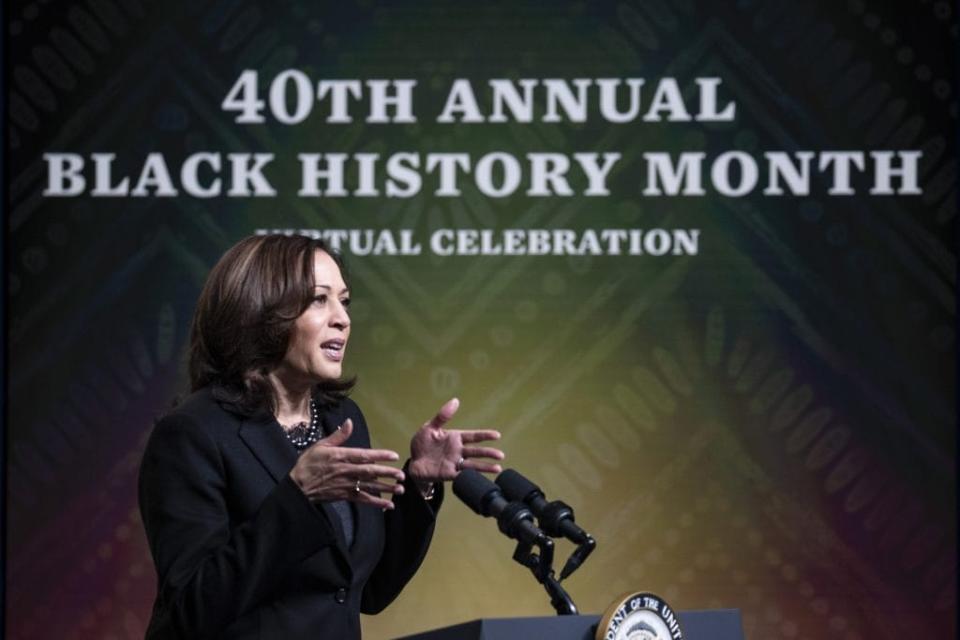 Vice President Kamala Harris speaks at the White House during a Black History Month Virtual Celebration on February 27, 2021 in Washington, DC. (Photo by Tasos Katopodis/Getty Images)