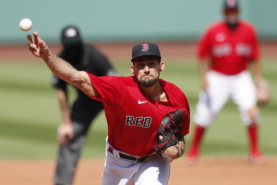 Boston Red Sox's Nathan Eovaldi pitches during the sixth inning of a baseball game against the Toronto Blue Jays, Sunday, Aug. 9, 2020, in Boston. (AP Photo/Michael Dwyer)