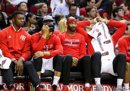 Apr 7, 2016; Houston, TX, USA; The Houston Rockets players react from the bench after a play during the fourth quarter against the Phoenix Suns at Toyota Center. The Suns won 124-115. Mandatory Credit: Troy Taormina-USA TODAY Sports