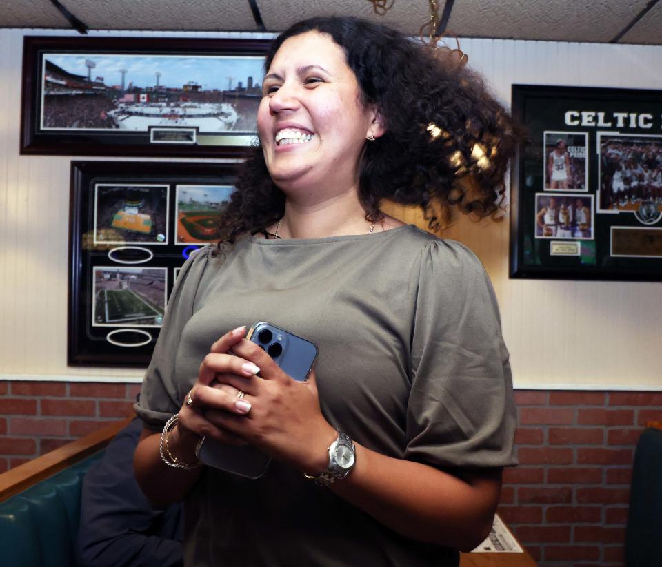 Rita Mendes celebrates at Home Cafe after winning the Democratic nomination for the 11th Plymouth District state representative seat on Tuesday, Sept. 6, 2022.