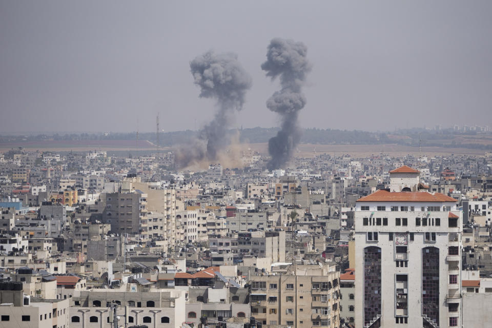 Smoke rises over the skyline following an Israeli airstrike, in Gaza, Wednesday, May 10, 2023. Palestinian militants fired dozens of rockets from the Gaza Strip into Israel on Wednesday, in a first response to Israeli airstrikes that have killed 16 Palestinians, including three senior militants and at least 10 civilians. (AP Photo/Hatem Moussa)