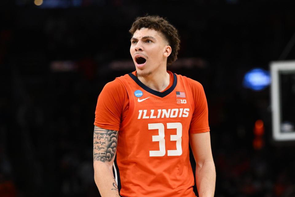 Former Illinois forward Coleman Hawkins (33) has committed to finish his career next season at Kansas State. The addition of Hawkins completes the Wildcats' 13-man roster for 2024-25.