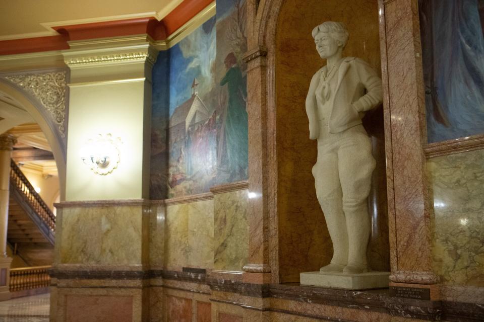 Children often ask why  Amelia Earhart, in her statue at the Kansas Statehouse, has such strangely shaped legs. They're actually flying pants, said Joe Brentano, Capitol Visitors Center coordinator.