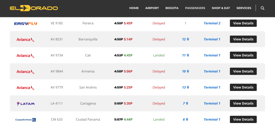 Screenshot of the Flight Information page at El Dorado Airport’s website. (Yahoo Sports)