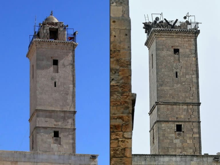 Esta combinación de imágenes creada el 6 de febrero de 2023 muestra una imagen tomada el 3 de julio de 2016, que muestra la torre de la mezquita en el interior de la ciudadela, incluida en la lista de la UNESCO, en la ciudad septentrional siria de Alepo y una imagen tomada el 6 de febrero de 2023 de la misma torre tras el terremoto.