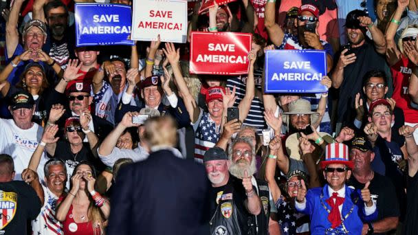 PHOTO: In this June 26, 2021, file photo, supporters cheer on former President Donald Trump after he spoke at a rally at the Lorain County Fairgrounds in Wellington, Ohio. (Tony Dejak/AP, FILE)